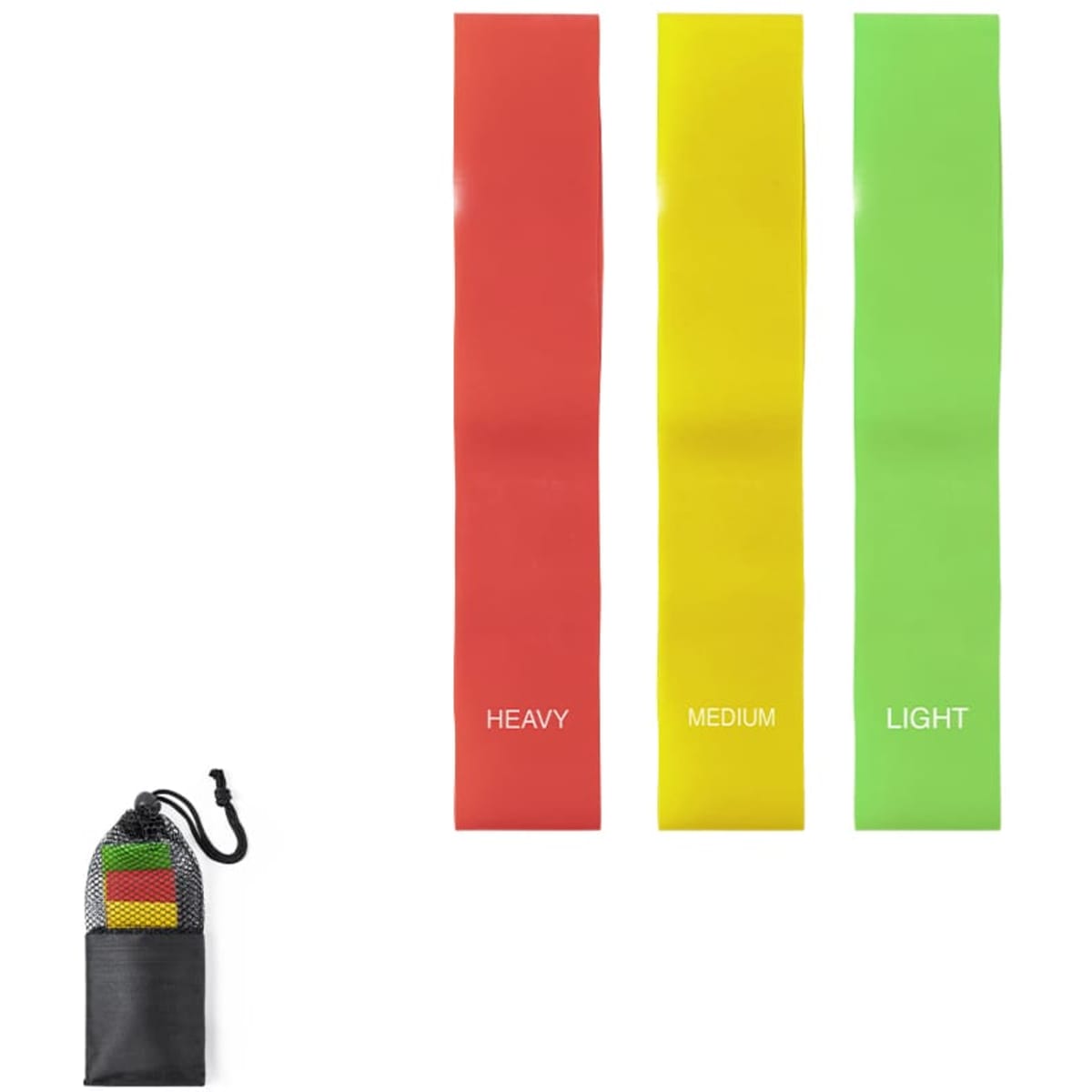 A set of three resistance bands in red, yellow, and green, with a portable storage pouch.