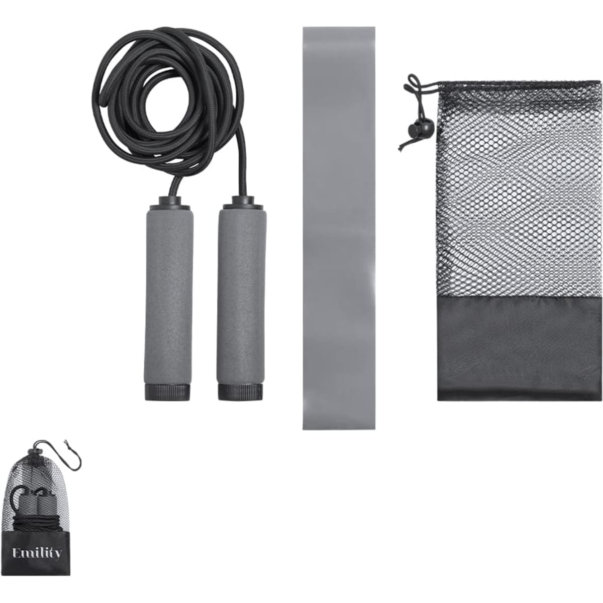 A grey skipping rope, grey resistance band, and a mesh storage bag with a hook.