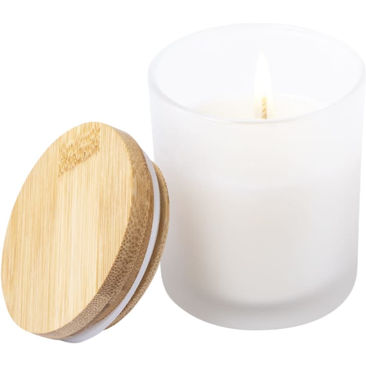 A white candle in a frosted glass container with a bamboo lid. The candle is lit and emits a soft glow.