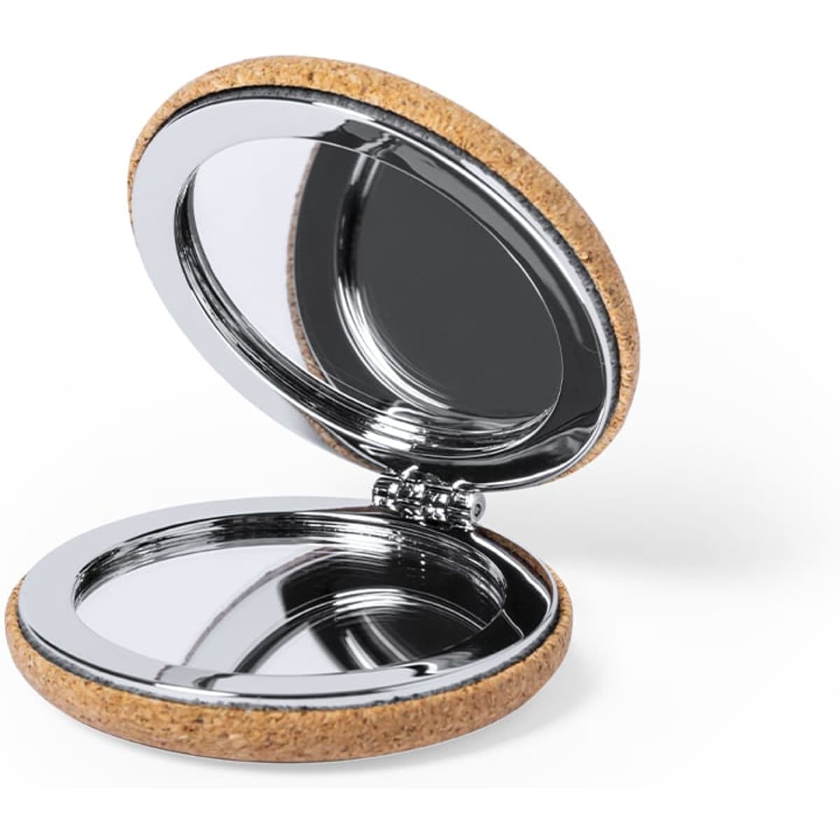 A circular compact mirror with a chrome interior and a cork exterior, featuring a polished finish.