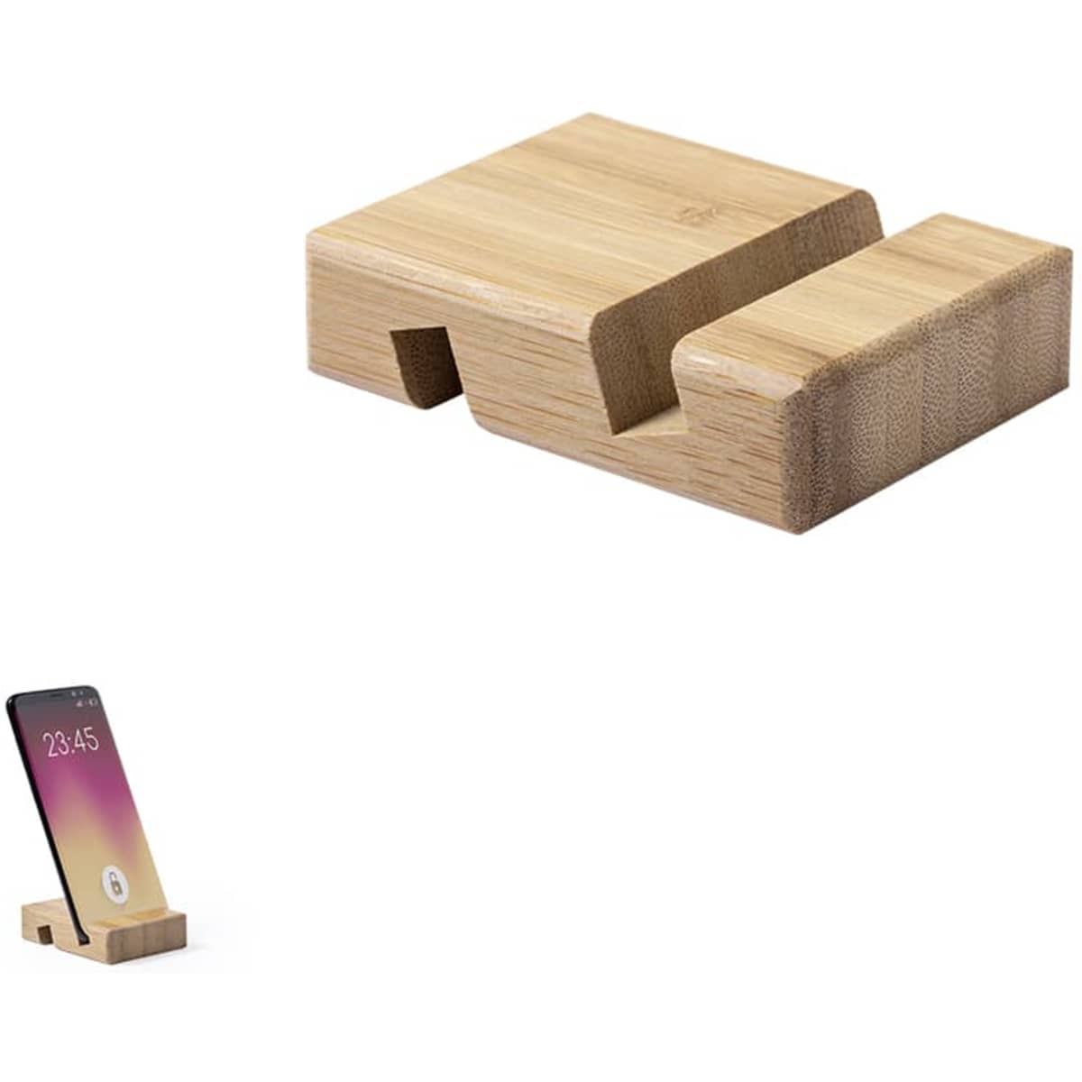 A bamboo phone stand with a simple, modern design featuring a groove for device placement.