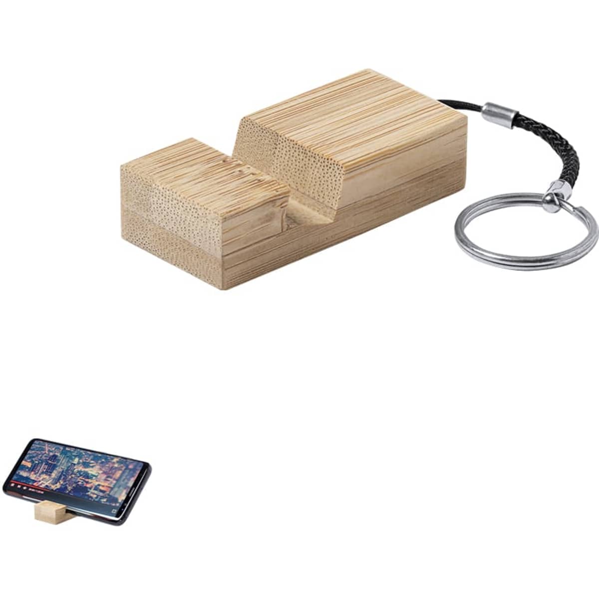 A bamboo keyring with a phone holder feature, including a keychain attachment.