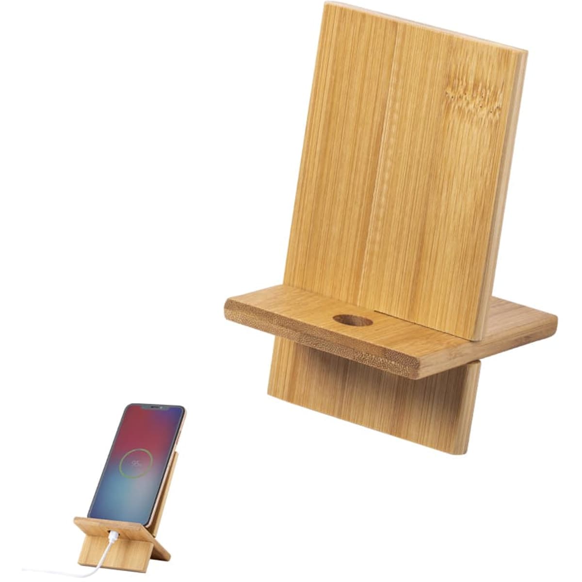 A bamboo phone stand with a slot for charging and a logo, featuring a natural wood finish.