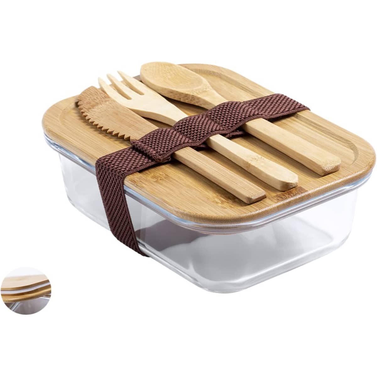 A glass lunch box with a wooden lid, featuring bamboo cutlery secured with a brown strap.