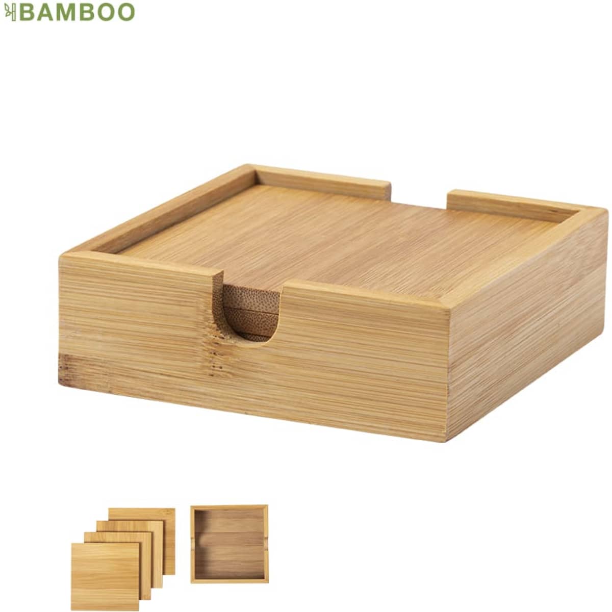 A bamboo coaster set with a square storage box and four coasters, showcasing natural wood tones.