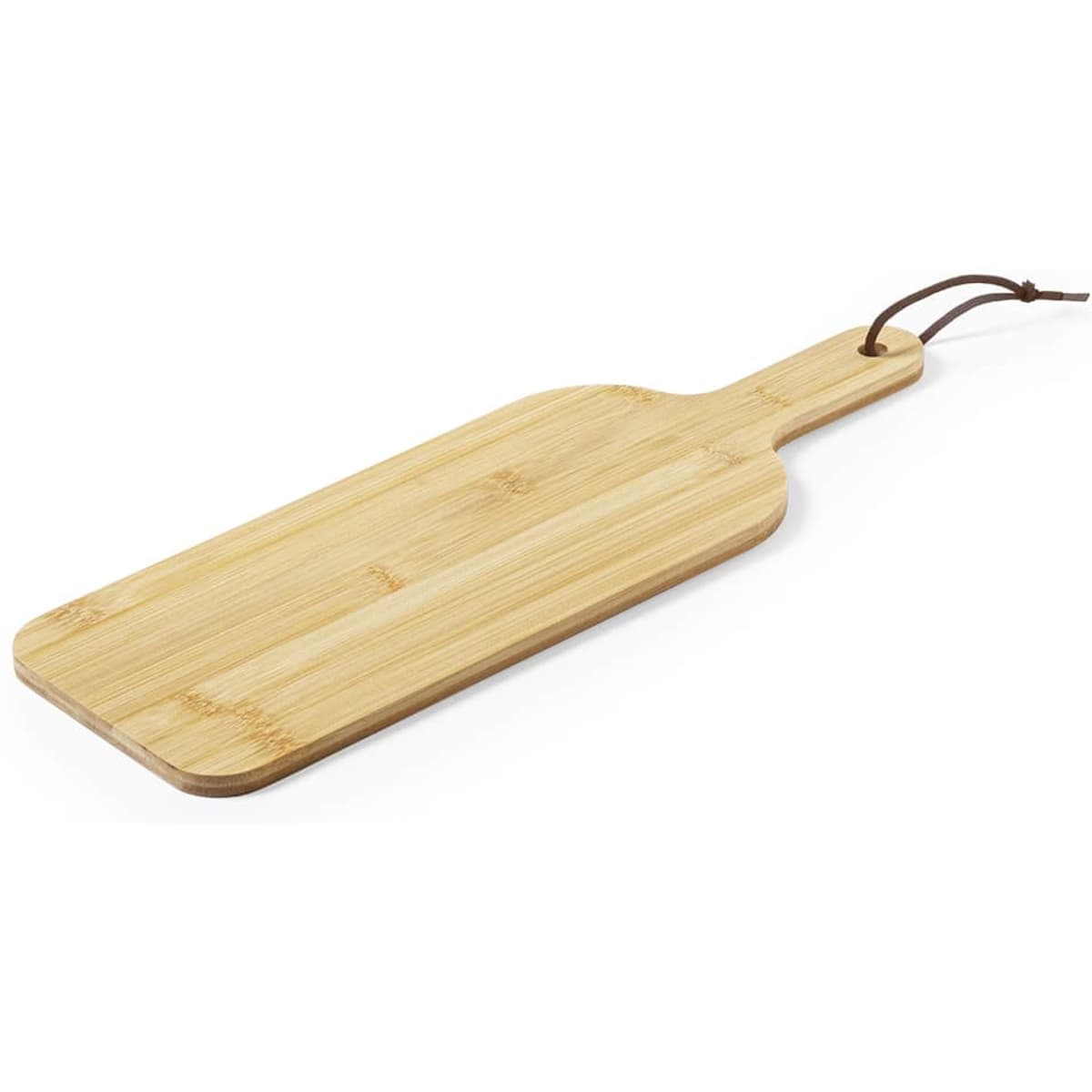 A bamboo chopping board with a handle, featuring a natural finish and a leather loop for hanging.