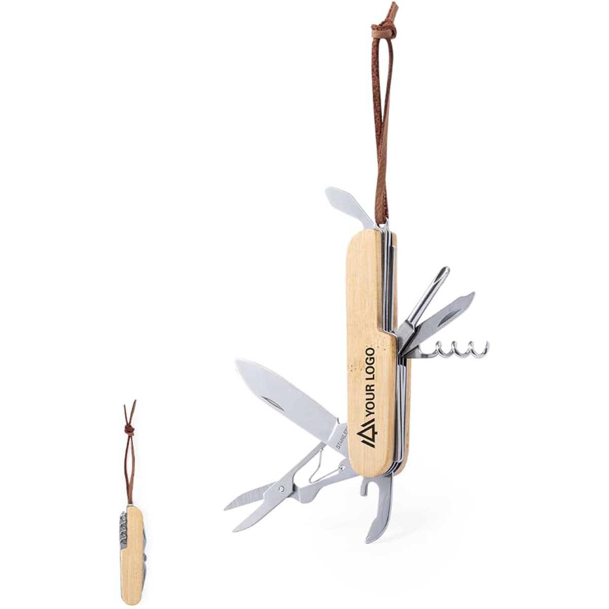 A wooden multi-tool featuring various silver tools and a leather strap, with a logo displayed on the handle.