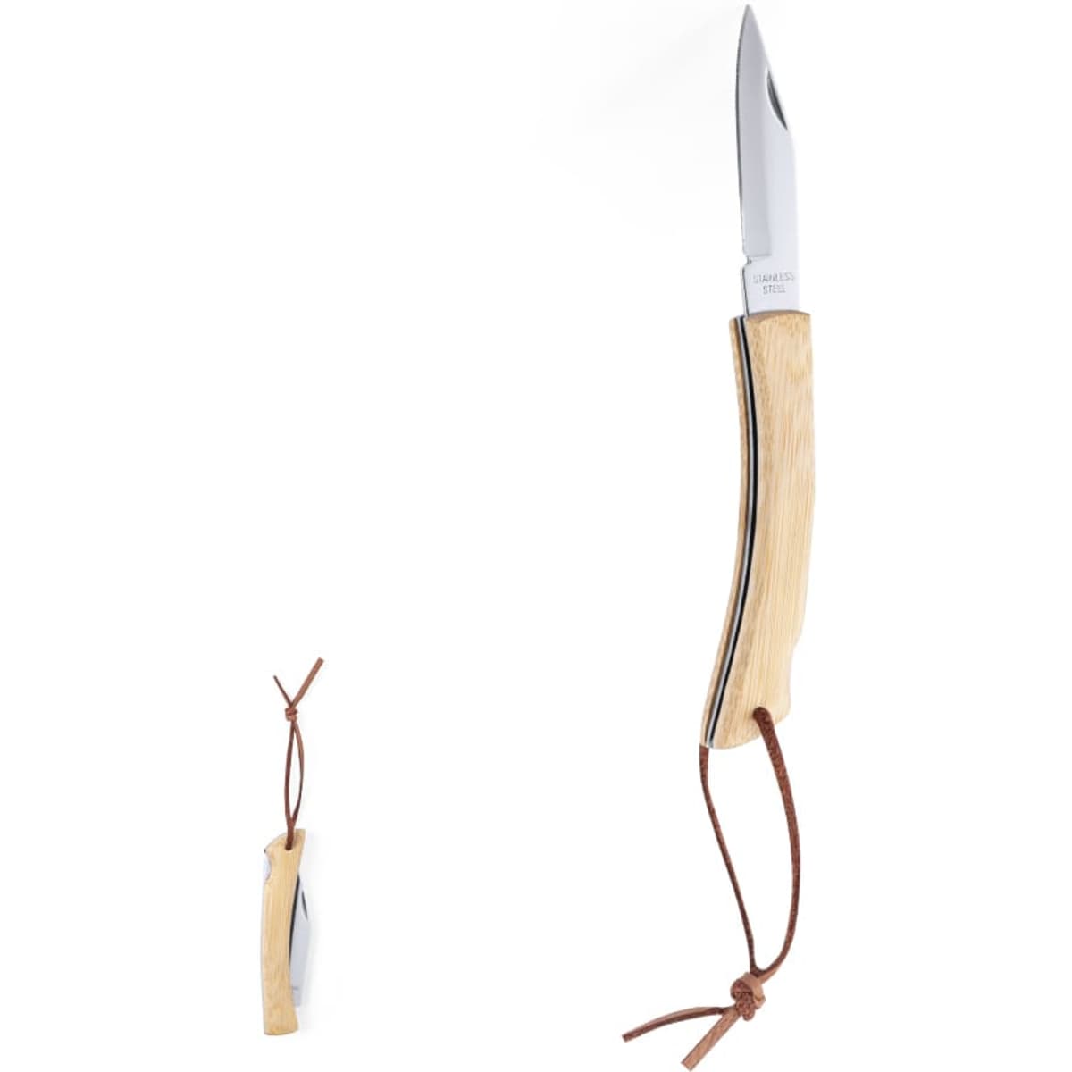 A stainless steel knife with a wooden handle and a leather cord attachment, featuring a sleek design.