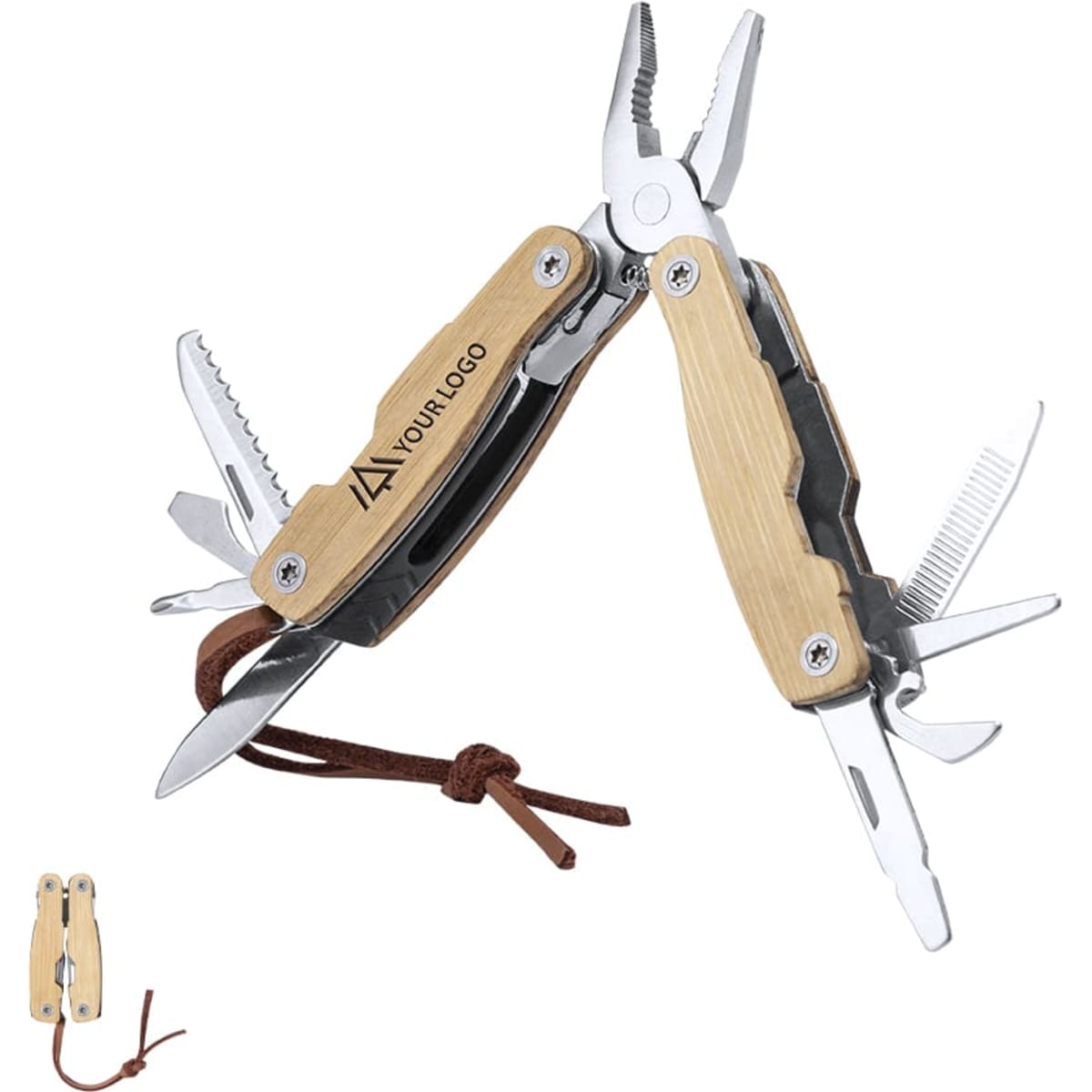 A multi-tool with a wooden handle featuring pliers, a knife, and additional tools, attached to a brown cord.