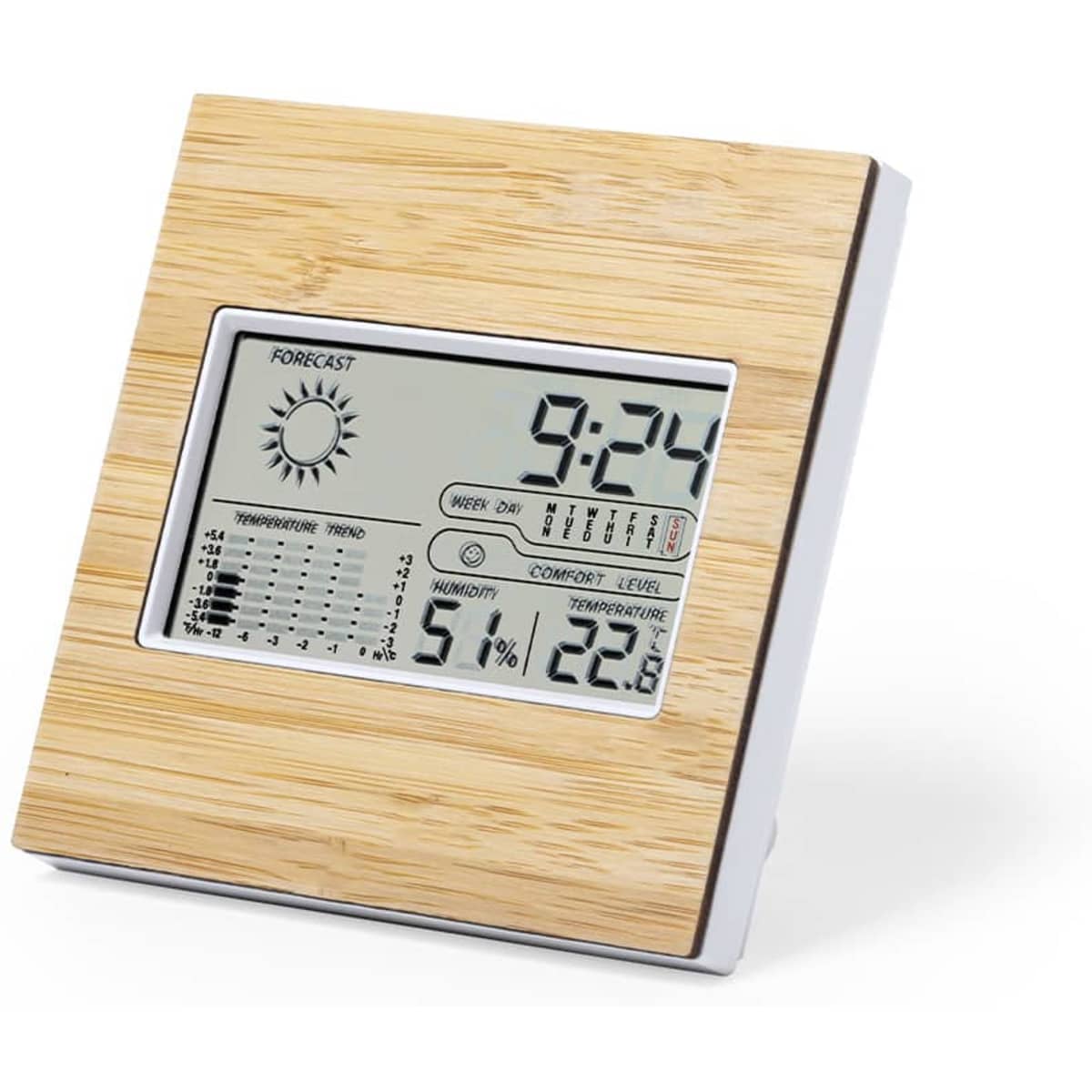 A digital weather station with a bamboo frame, displaying time, humidity, temperature, and weather forecast icons.