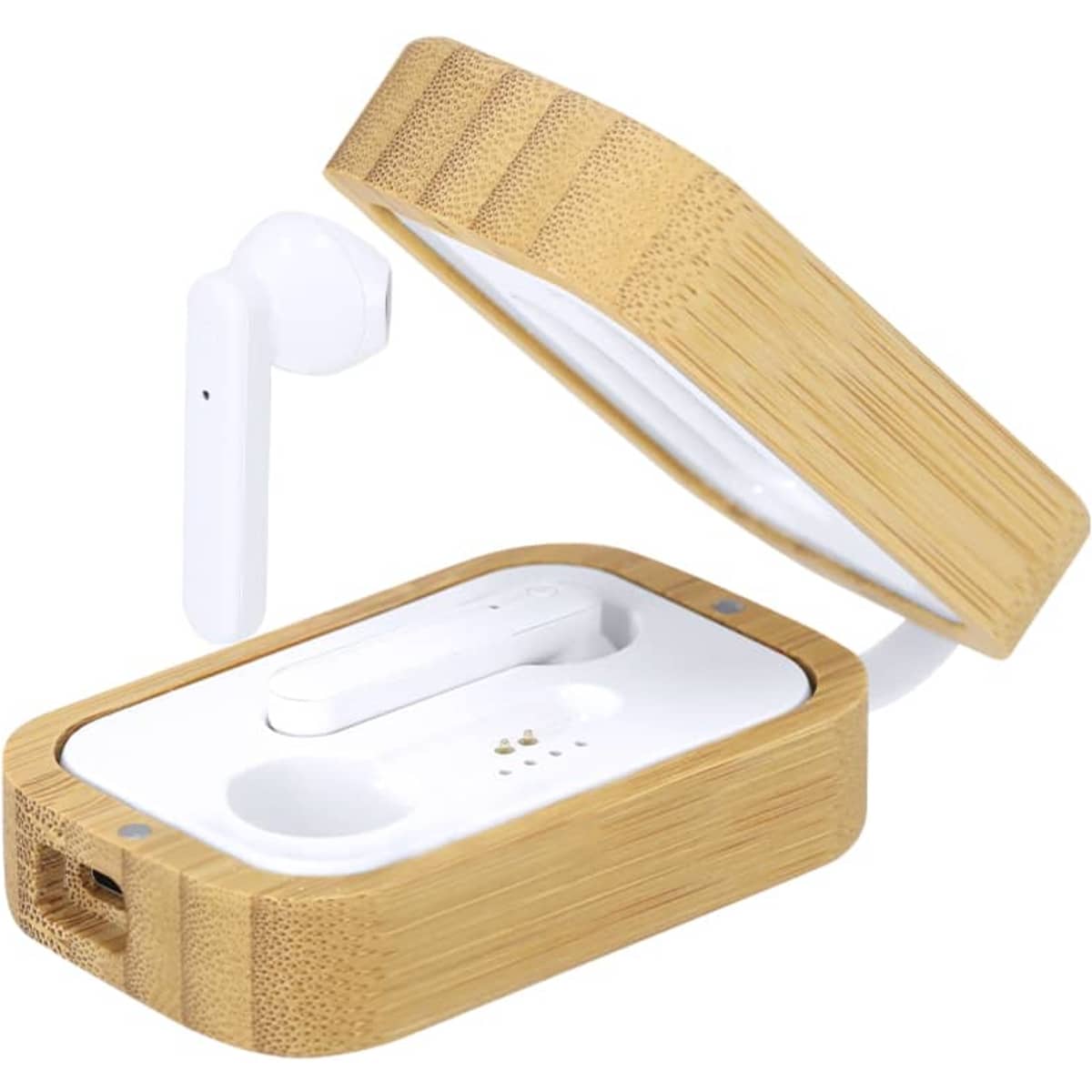 A bamboo charging case with white earbuds inside, partially open, showcasing the earbuds and case design.