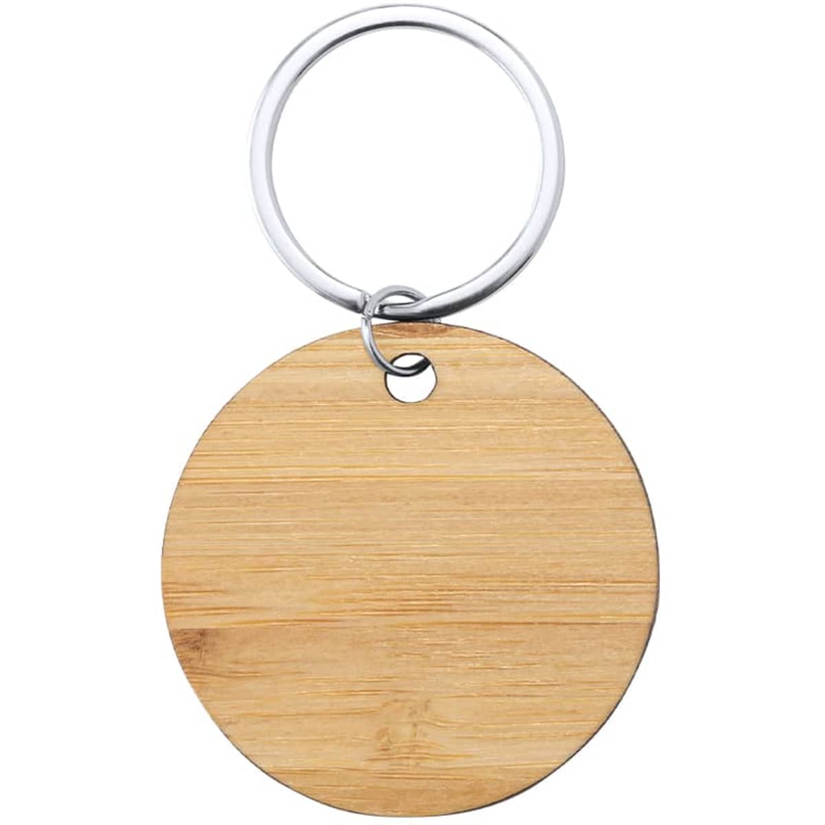 A round bamboo keyring with a silver metal ring attached. The keyring has a smooth, natural finish.