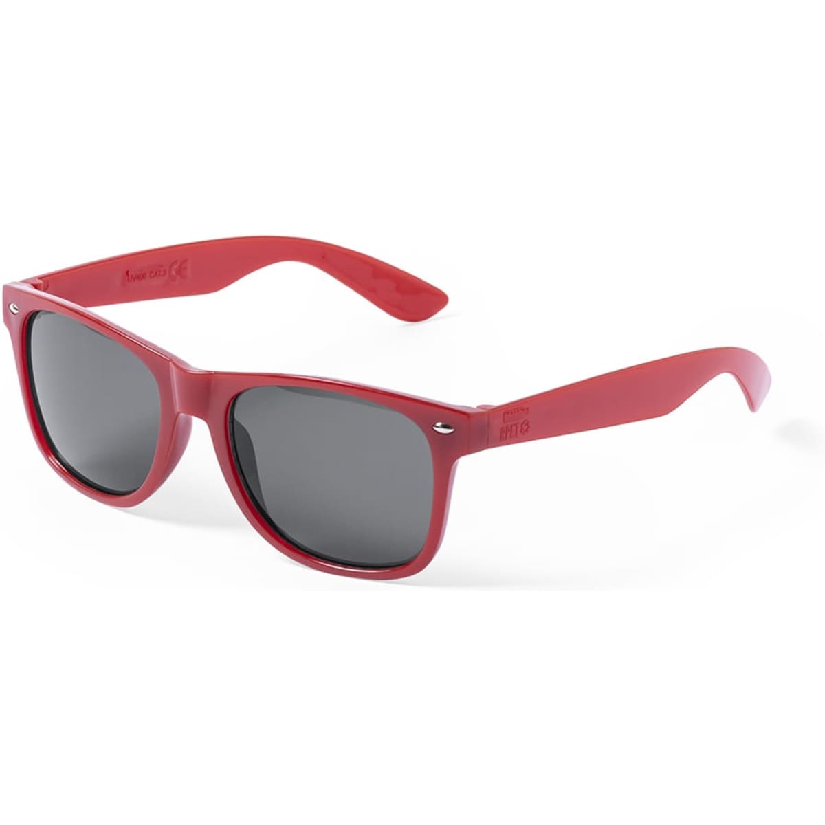 Red sunglasses with dark lenses and a logo on the arm, designed for leisure and outdoor activities.
