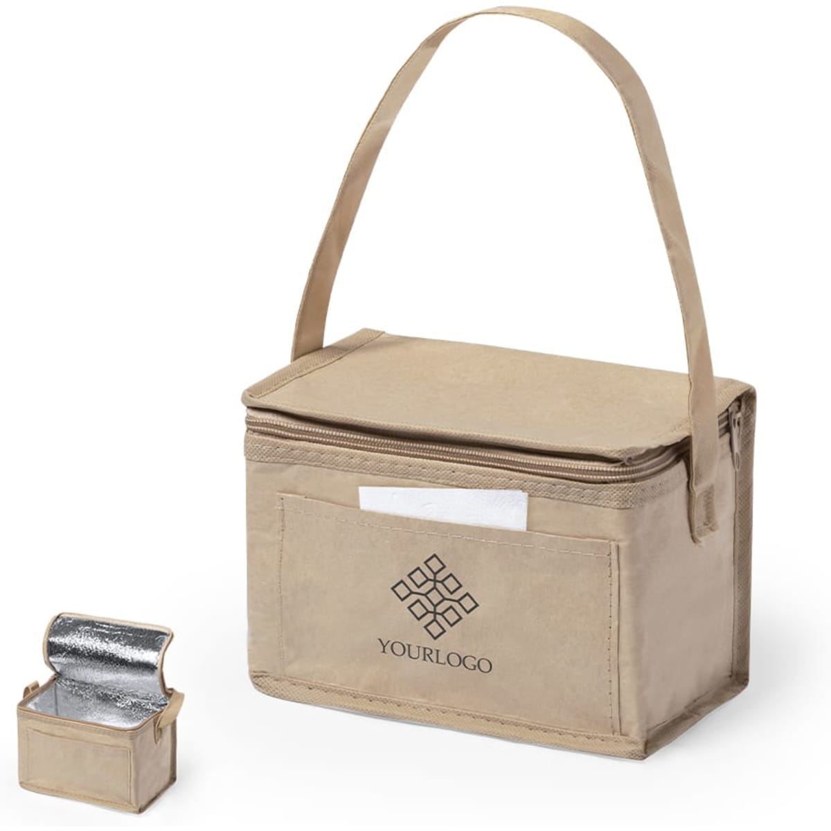 A tan cooler bag with a zippered top, a shoulder strap, and a small silver insulated container beside it.