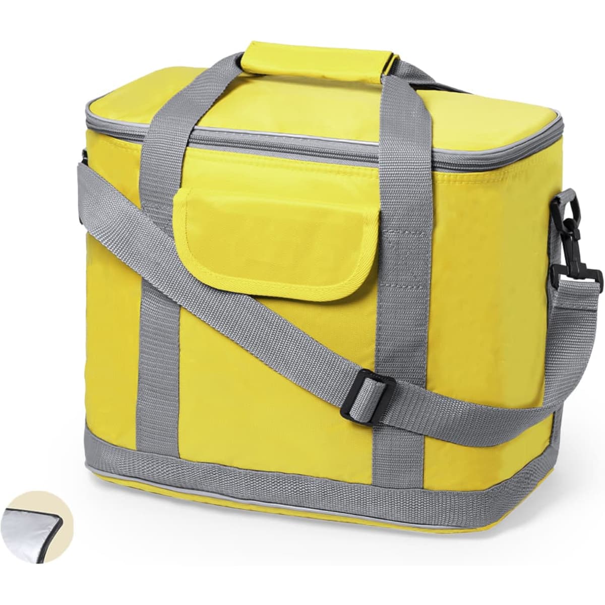 A yellow cooler bag with a grey strap and handle, featuring a flap closure and a sturdy design.
