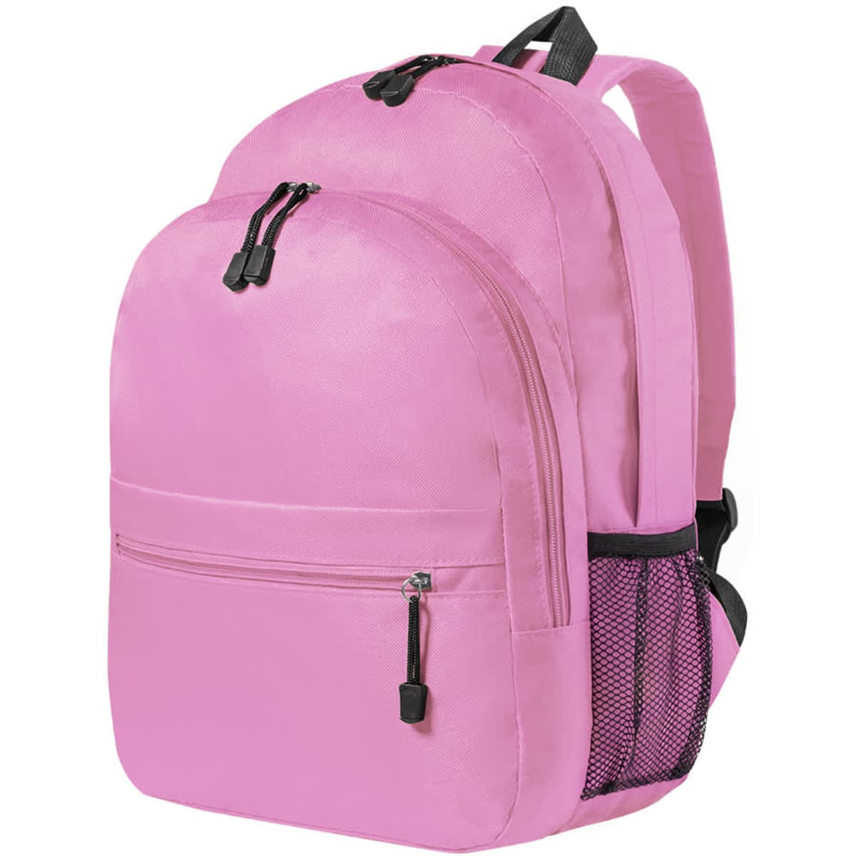A pink backpack with two main compartments, a front pocket, and a side mesh pocket. It features adjustable straps and a logo.