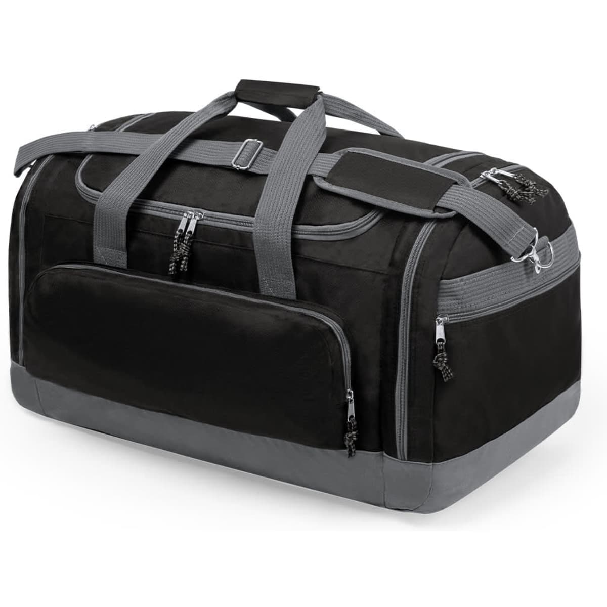 A black duffle bag with grey accents, featuring multiple zippered pockets and sturdy handles. It has a logo present.