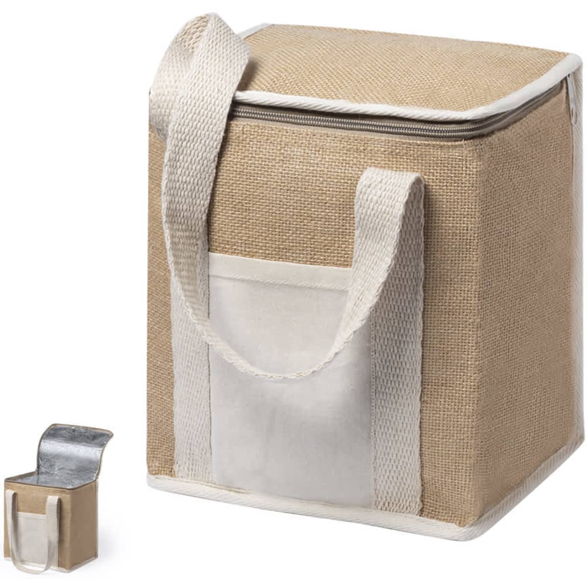A tan cooler bag with white straps and a small metal bottle opener, featuring a front pocket.