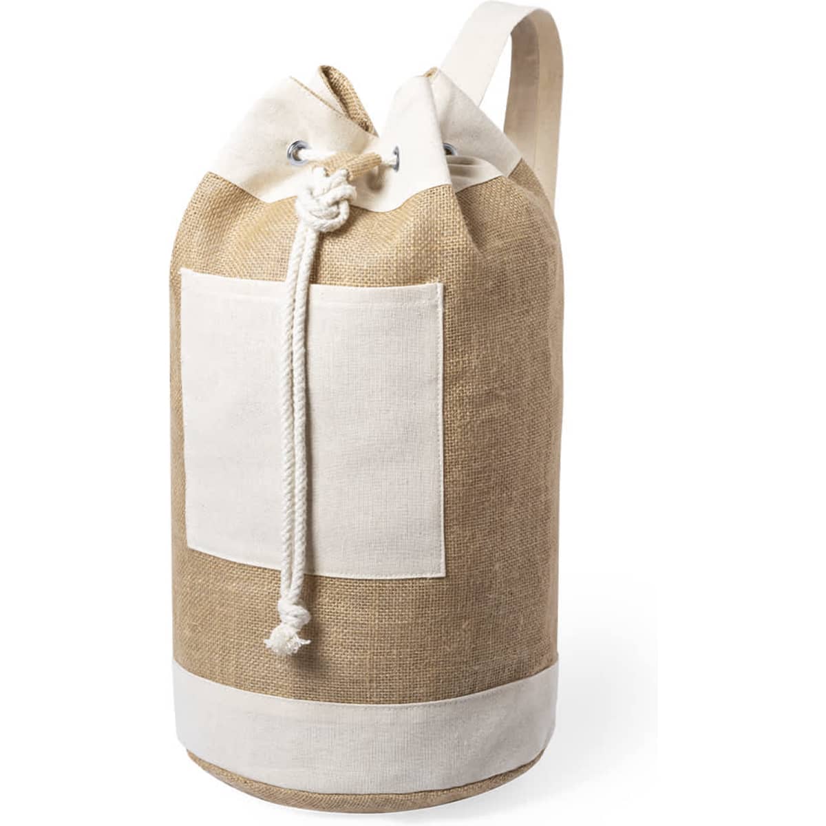 A hessian duffel bag in beige and cream with a drawstring closure and a front pocket.