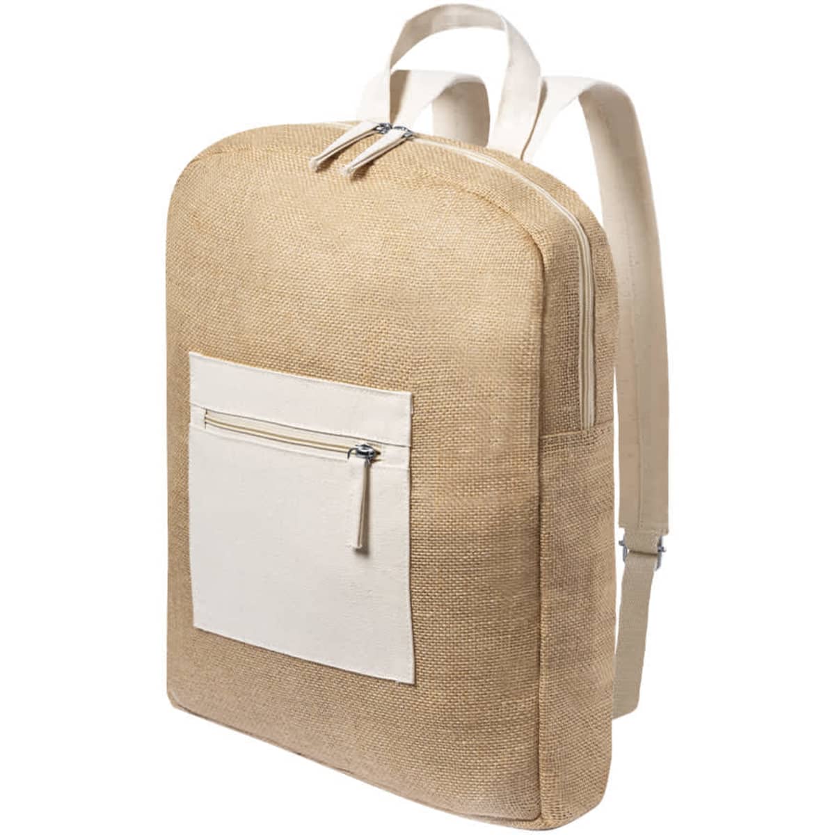 A beige backpack with a textured finish and a front pocket, featuring two shoulder straps and a logo.