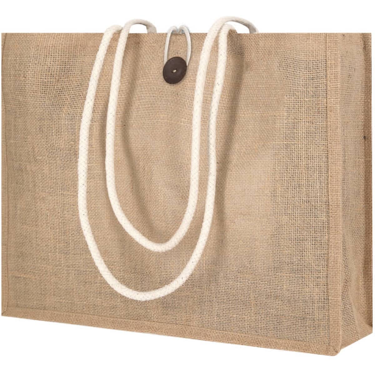 A large, natural jute tote bag with a rope handle and a button closure, featuring a simple design.