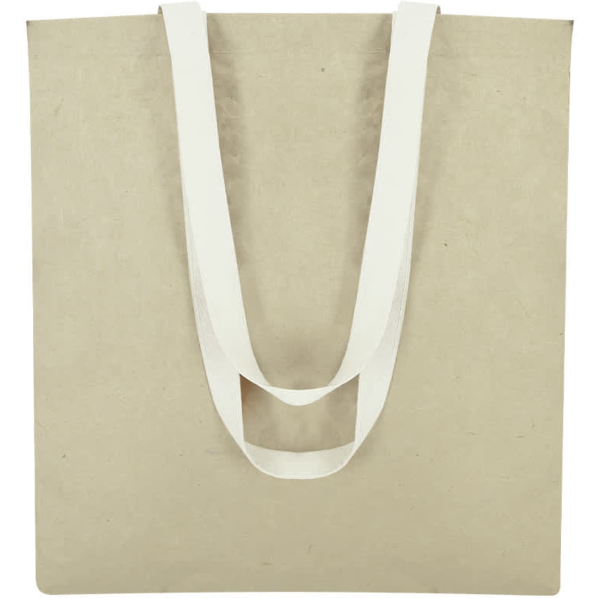 A beige paper bag with long white handles and a simple design. It features a logo on the front.