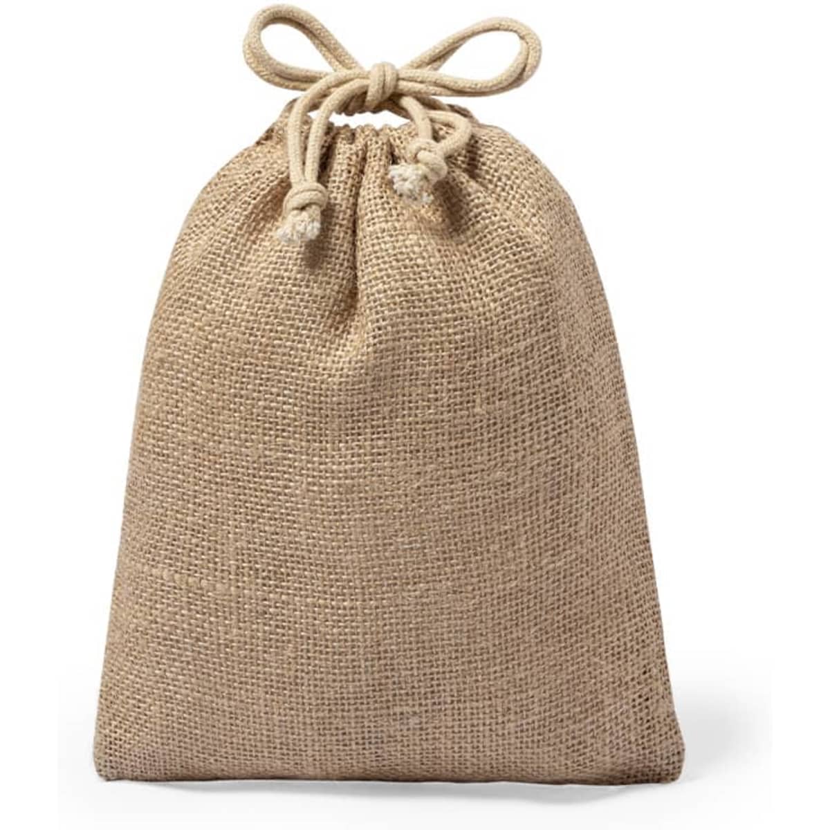 A drawstring bag made of natural jute fabric, featuring a cinched top for closure.