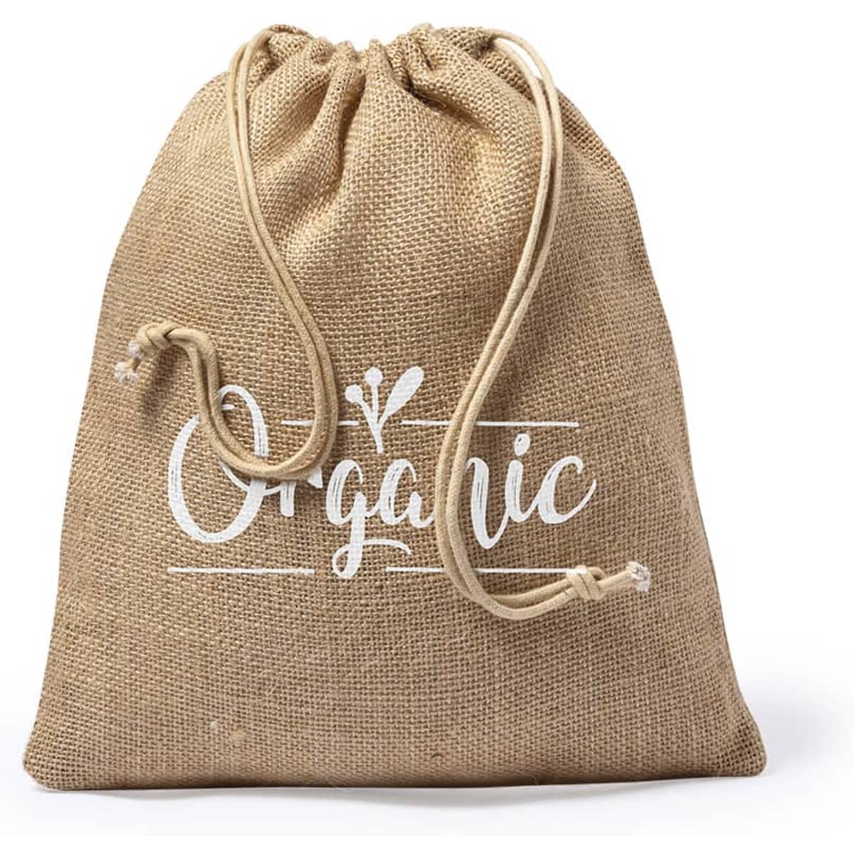 A natural burlap drawstring bag with a white logo and organic-themed design.