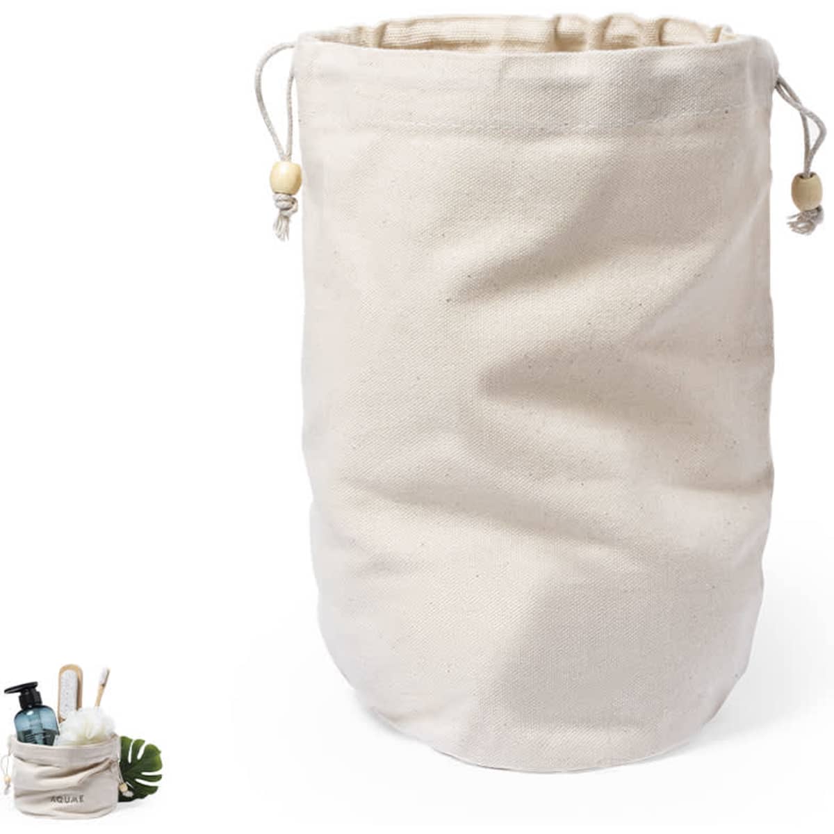 A cream-coloured cotton toiletry bag with drawstring closure, featuring a logo and containing various toiletry items.