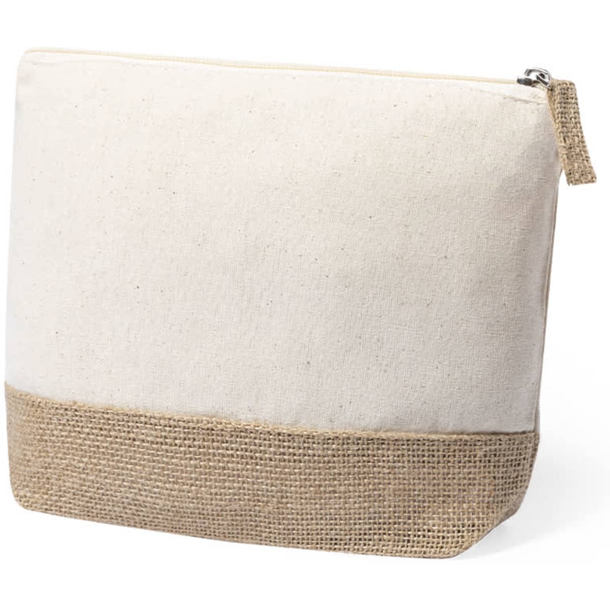A toiletry bag in cream canvas with a jute bottom, featuring a zip closure and a small branding logo.