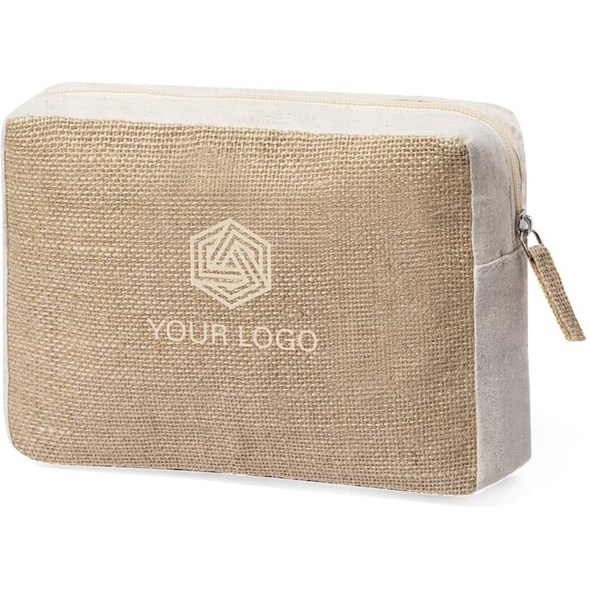 A textured beige toiletry bag with a zip closure and a logo on the front.