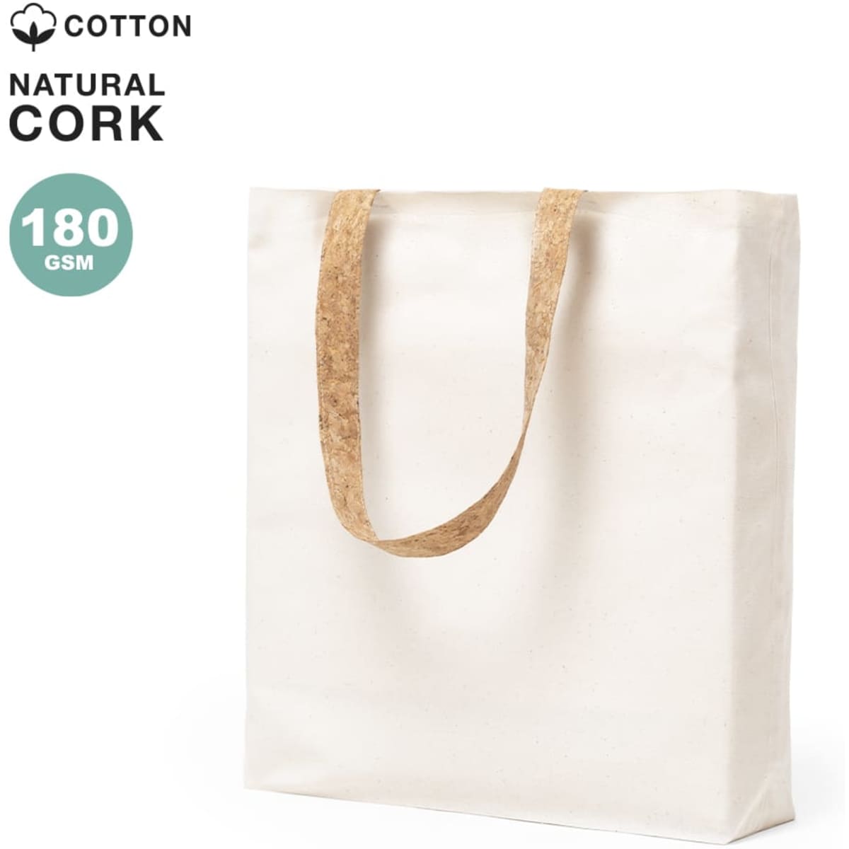 A natural cotton tote bag with cork handles, featuring a plain white exterior. It includes a logo.