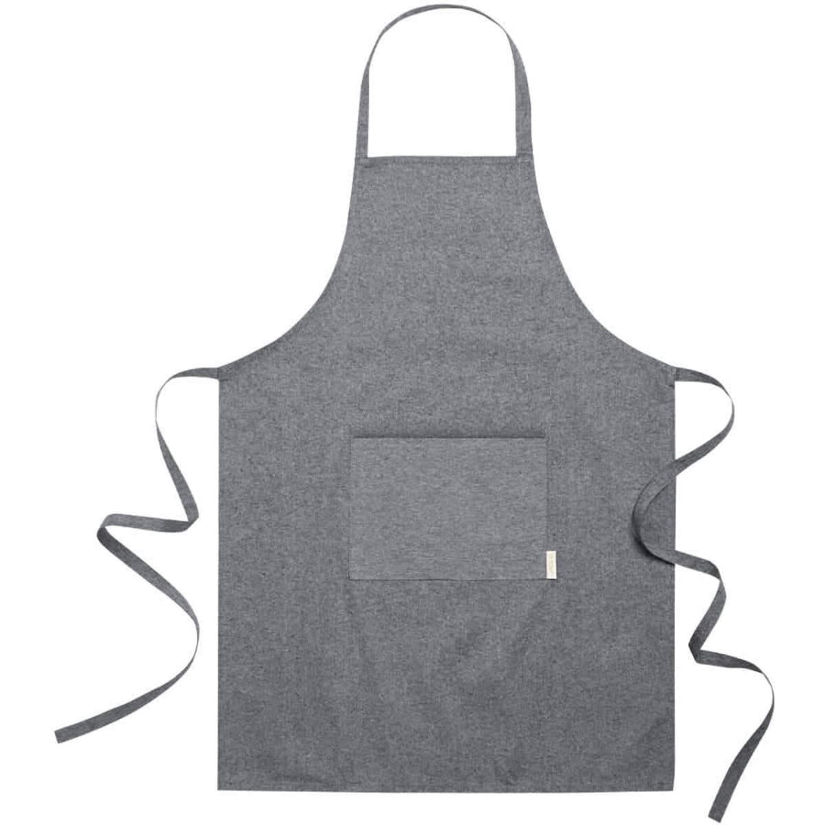 A grey apron with a central pocket and ties. It features a branding logo.