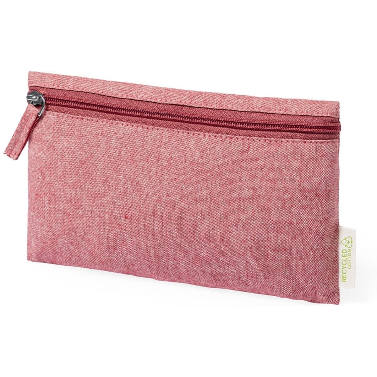 A red toiletry bag with a zip closure and a small branding label on the side.