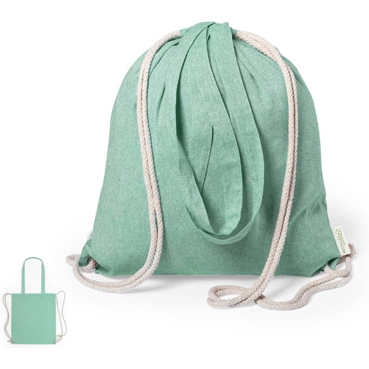 A mint green drawstring bag with a rope closure, featuring a logo on its side.