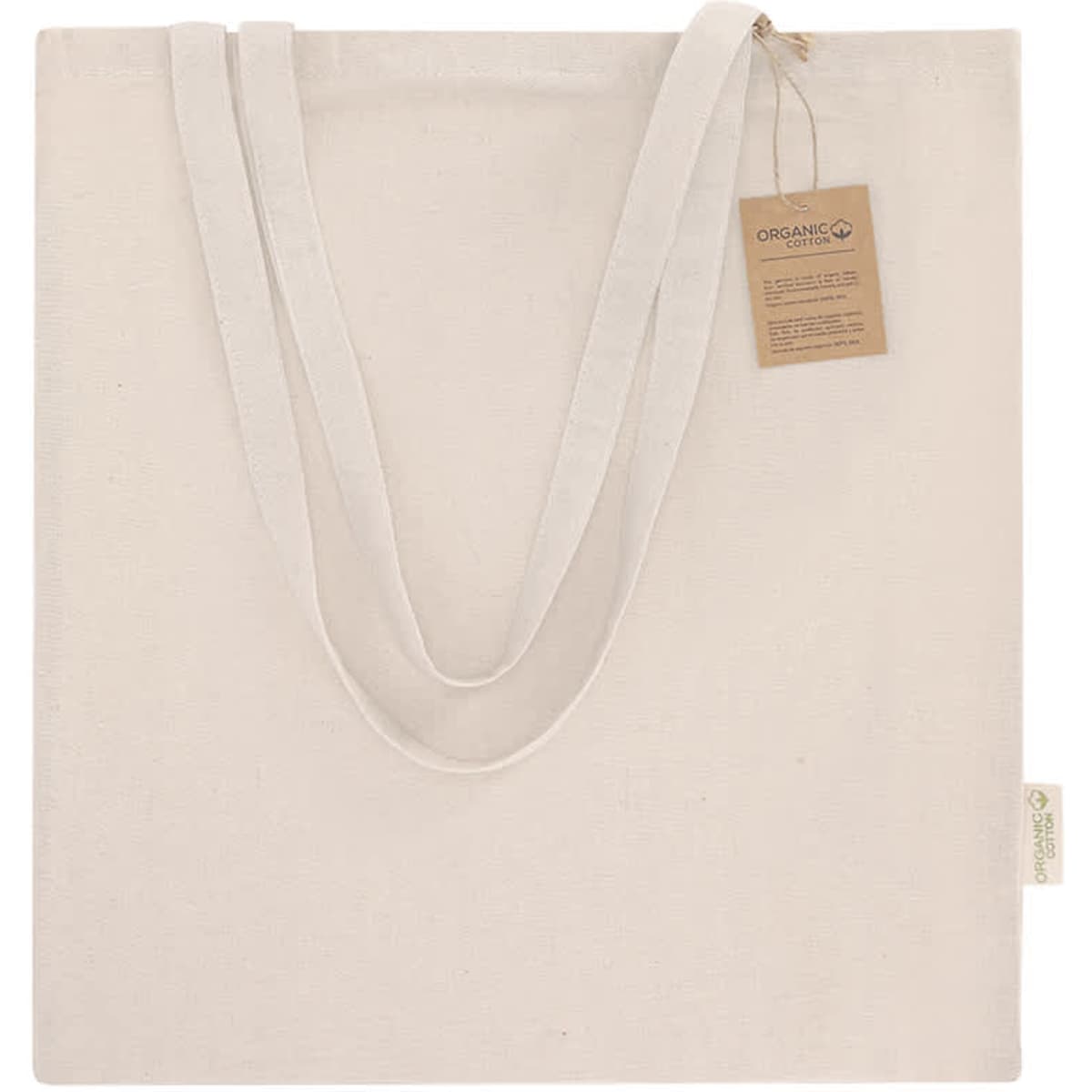 A plain beige tote bag with long handles and an attached label featuring a logo.
