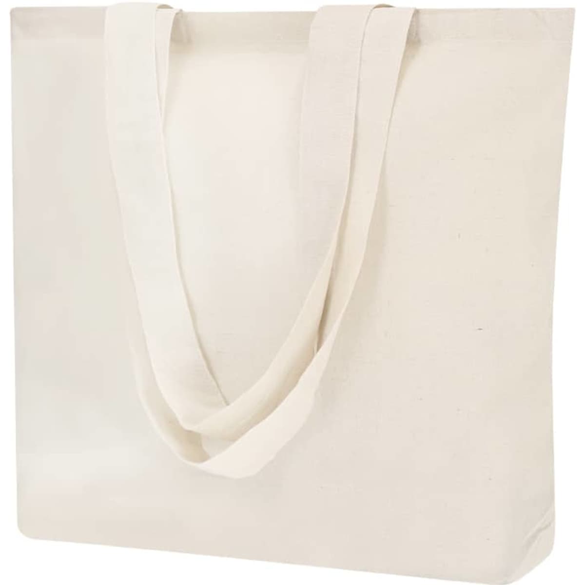 A large, cream-coloured tote bag with long handles and a simple design. It has a logo on the front.