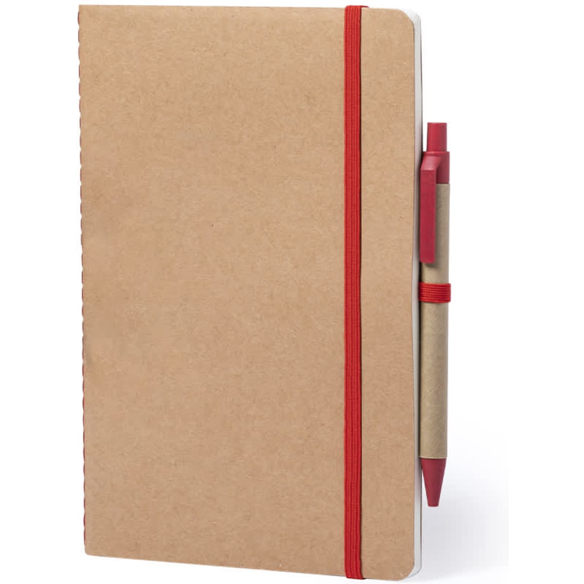 A kraft notebook with a red elastic band and a matching red pen attached to the side.