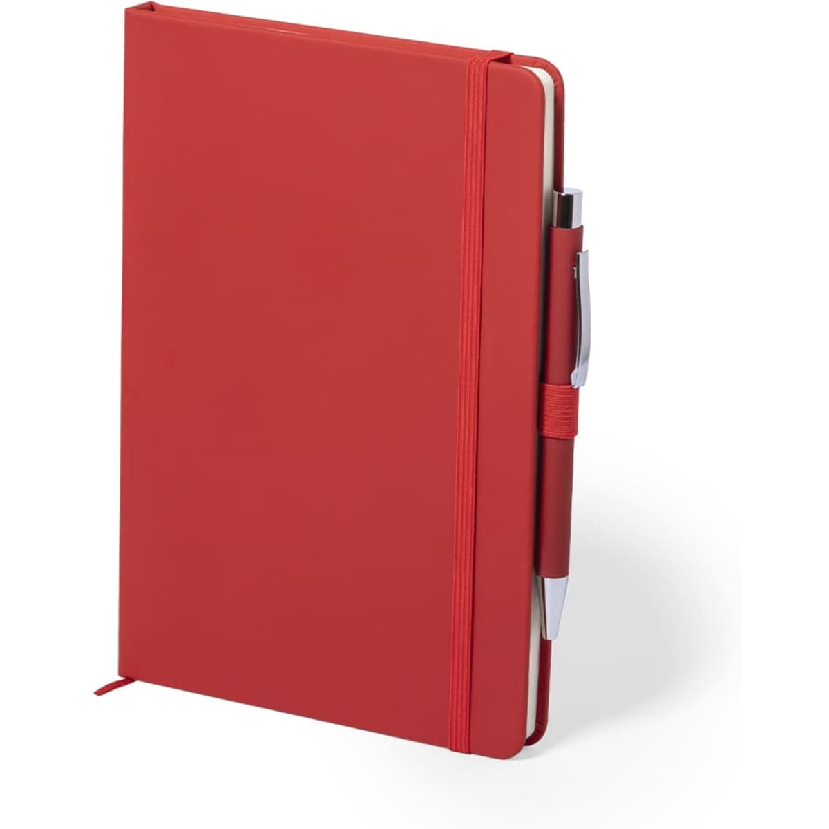A red notebook with a pen attached, featuring a smooth cover and an elastic band closure.