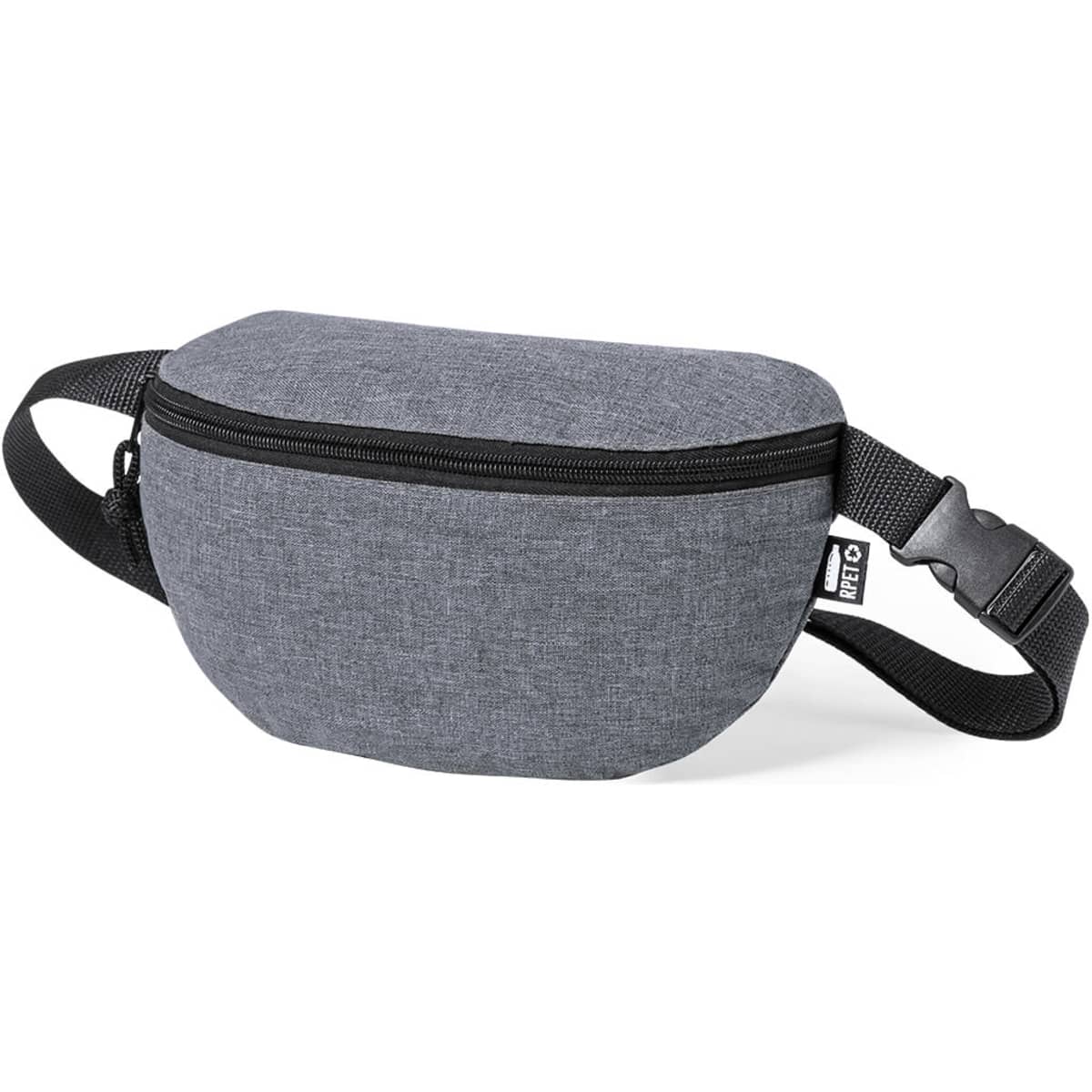 A grey bum bag with a zipper and adjustable strap, featuring a logo on its side.