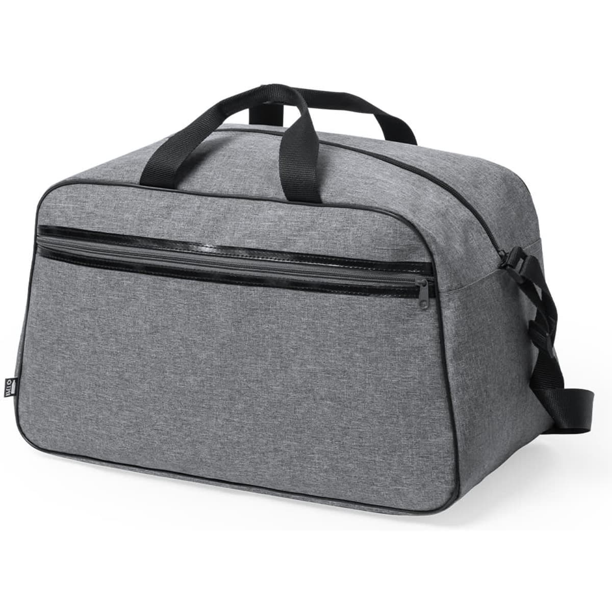 A grey bag featuring two handles, a detachable shoulder strap, and a front zippered pocket. It has a logo.