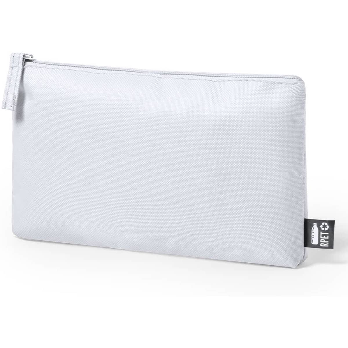 A light grey toiletry bag with a zip closure and a small brand tag. Features a smooth, textured surface.