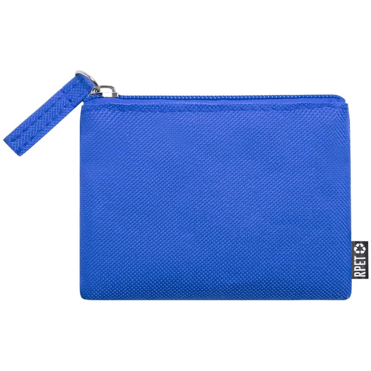A bright blue wallet with a zip closure and a wrist strap, featuring a logo on the side.