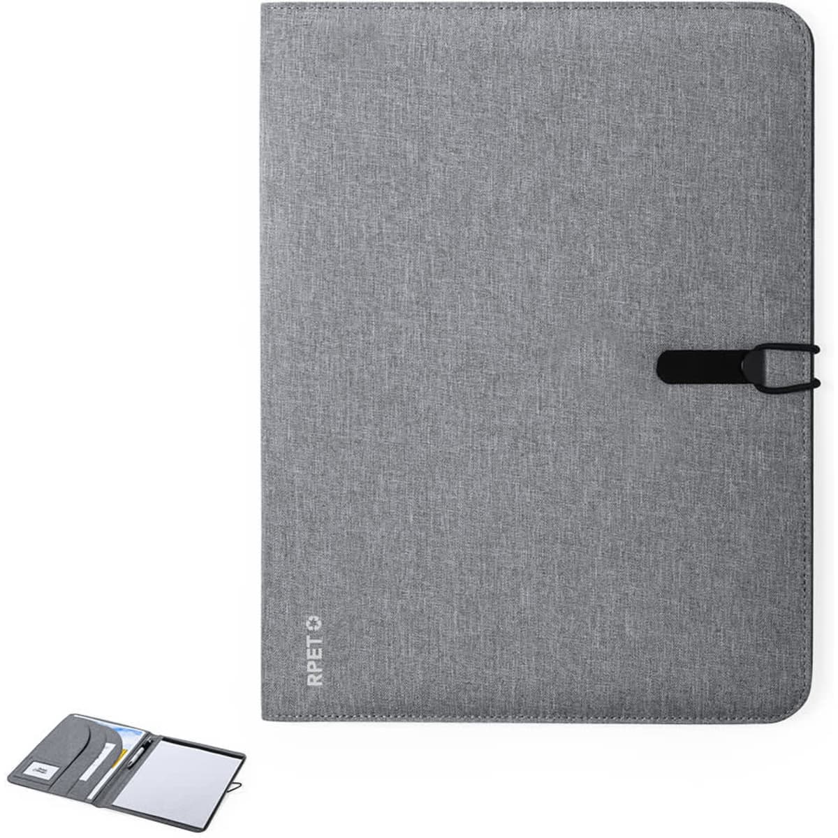 A grey Sorgax Folder with a clasp closure, featuring an interior with pockets and a notepad. Includes a logo.