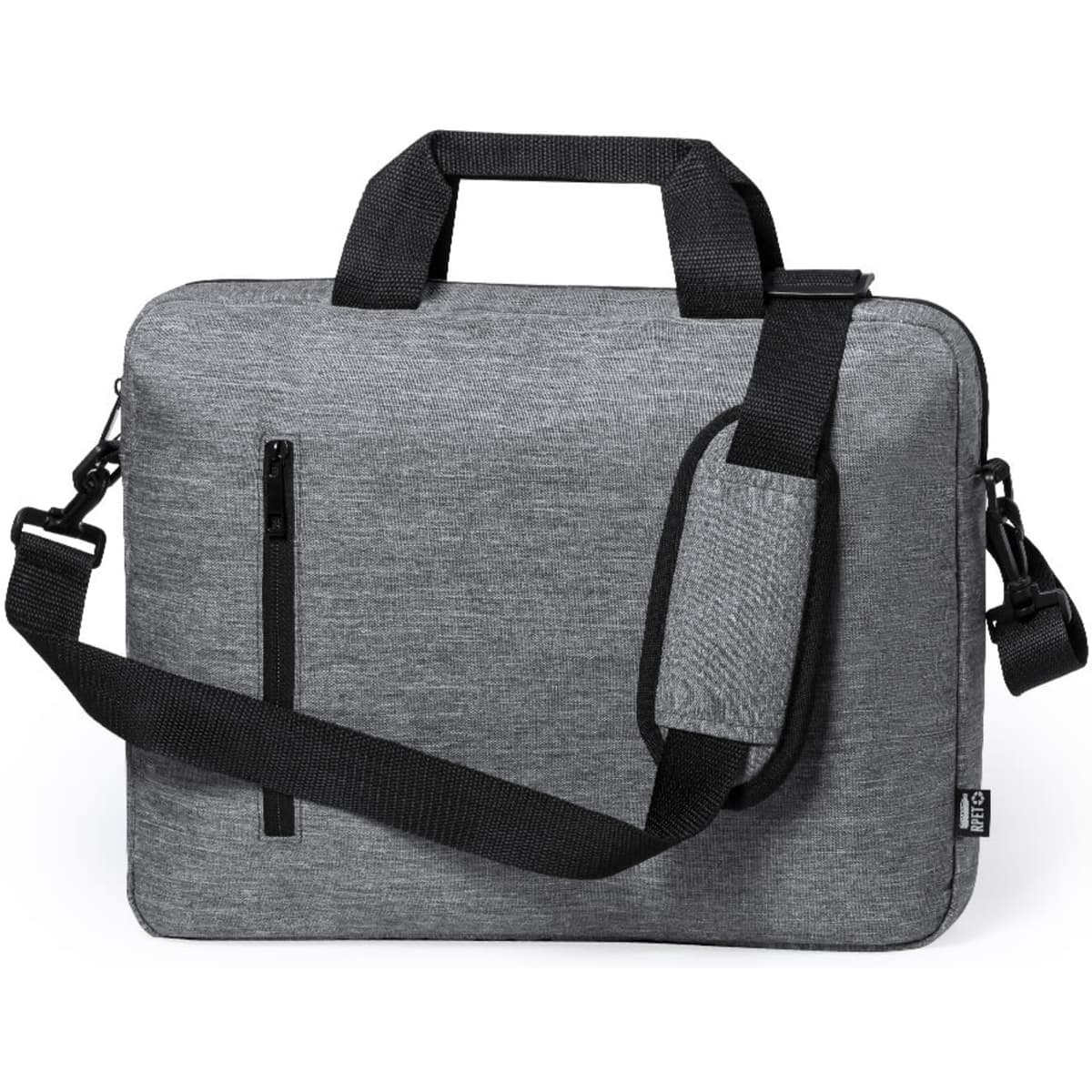 A grey laptop bag with a shoulder strap, zip pocket, and dual handles. It features a logo on one side.