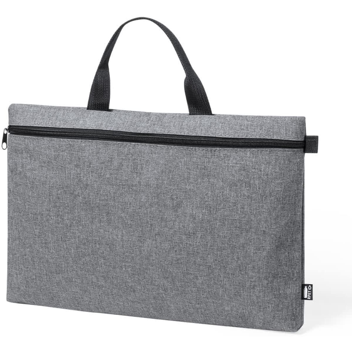 A grey bag with a zip closure and two black handles, featuring a logo. It has a flat, rectangular design.
