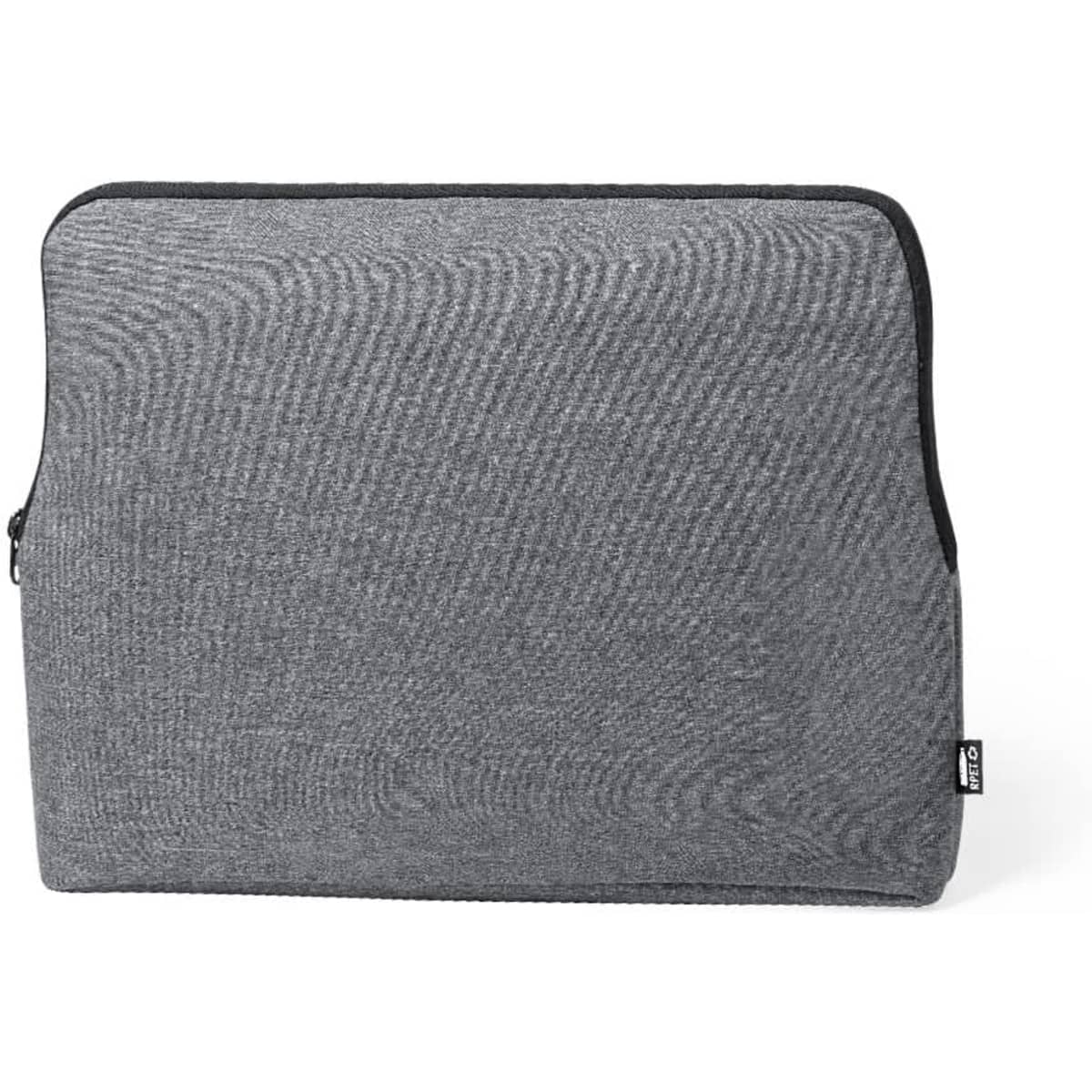 A grey laptop bag with a zip closure, featuring a simple design and a logo on the side.