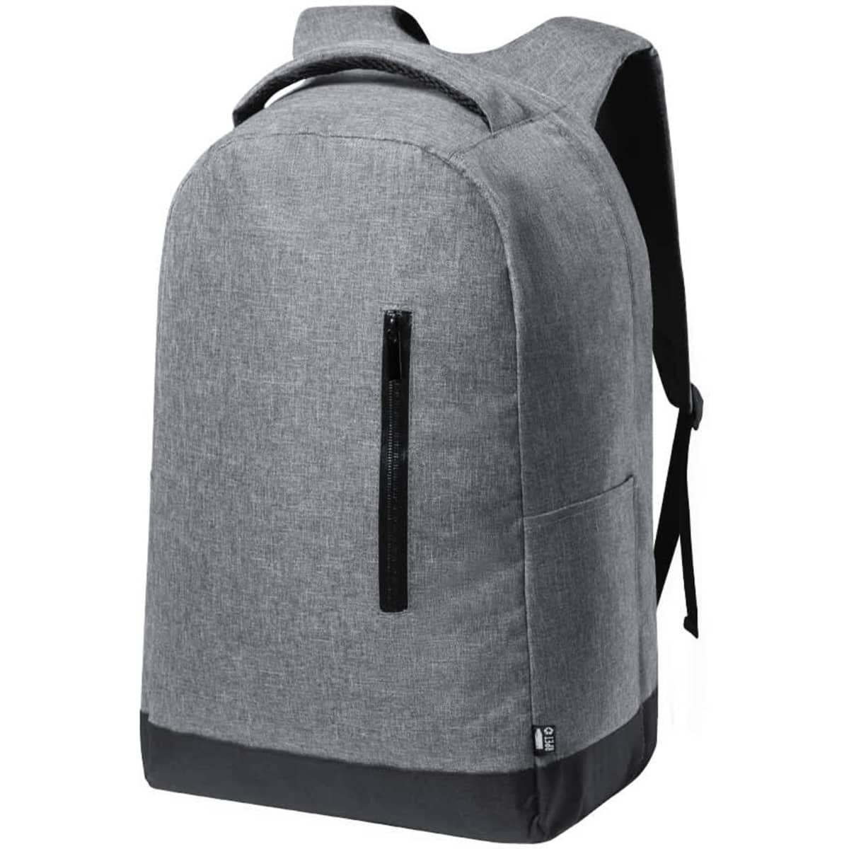 A grey backpack with a sleek design, featuring a front zip pocket and black base. It has adjustable shoulder straps and a logo.