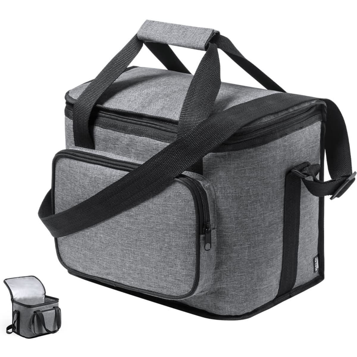 A grey cooler bag with dual handles and a front zip pocket, featuring a smaller matching cooler bag beside it.