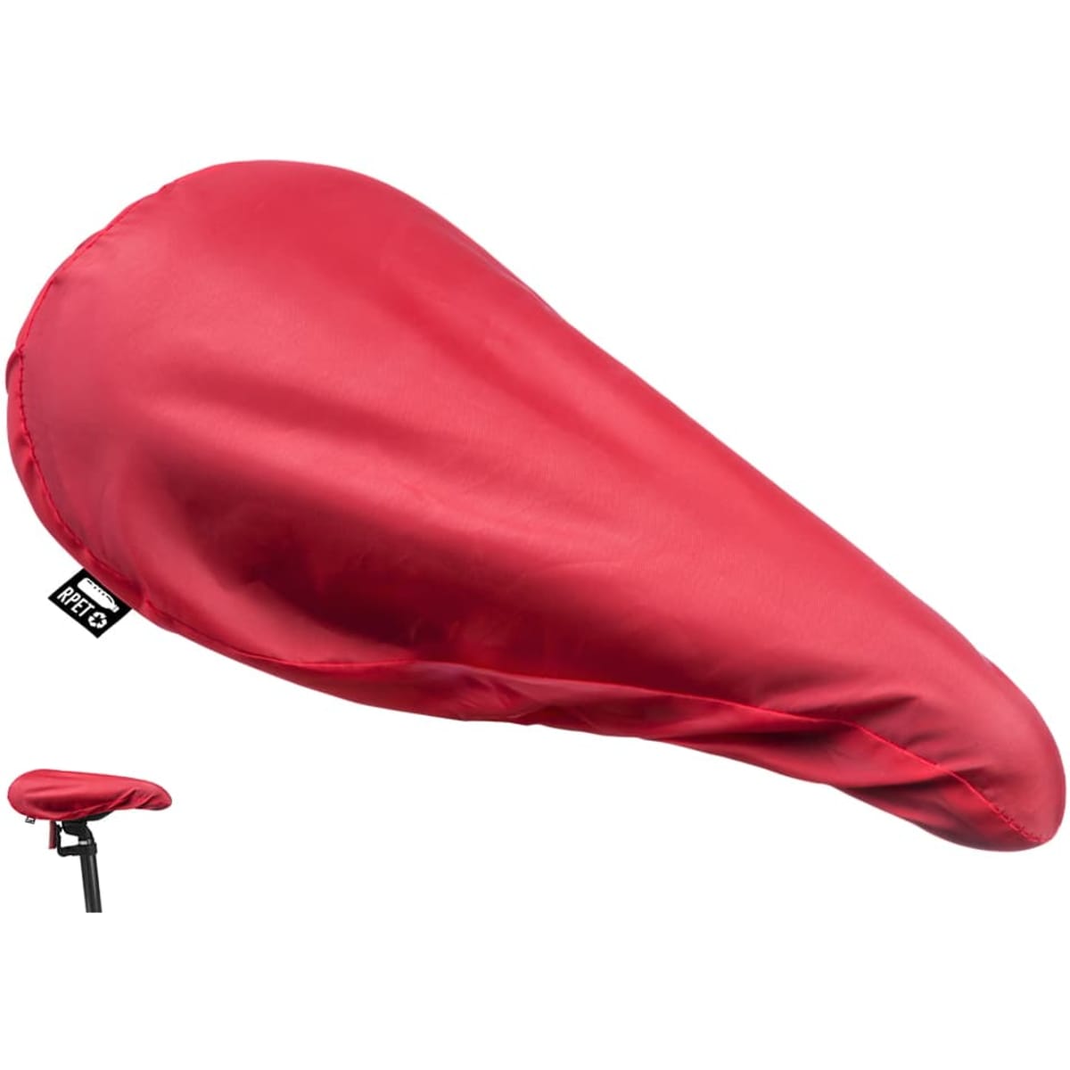 A red bicycle seat cover featuring a logo, designed to protect the seat from elements.